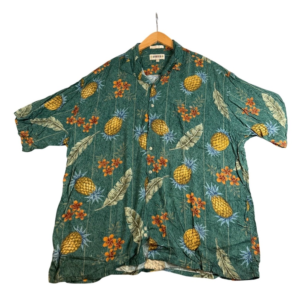 Campia Moda Mens XXL Hawaiian Shirt Green Pineapple Tropical Rayon Button Down